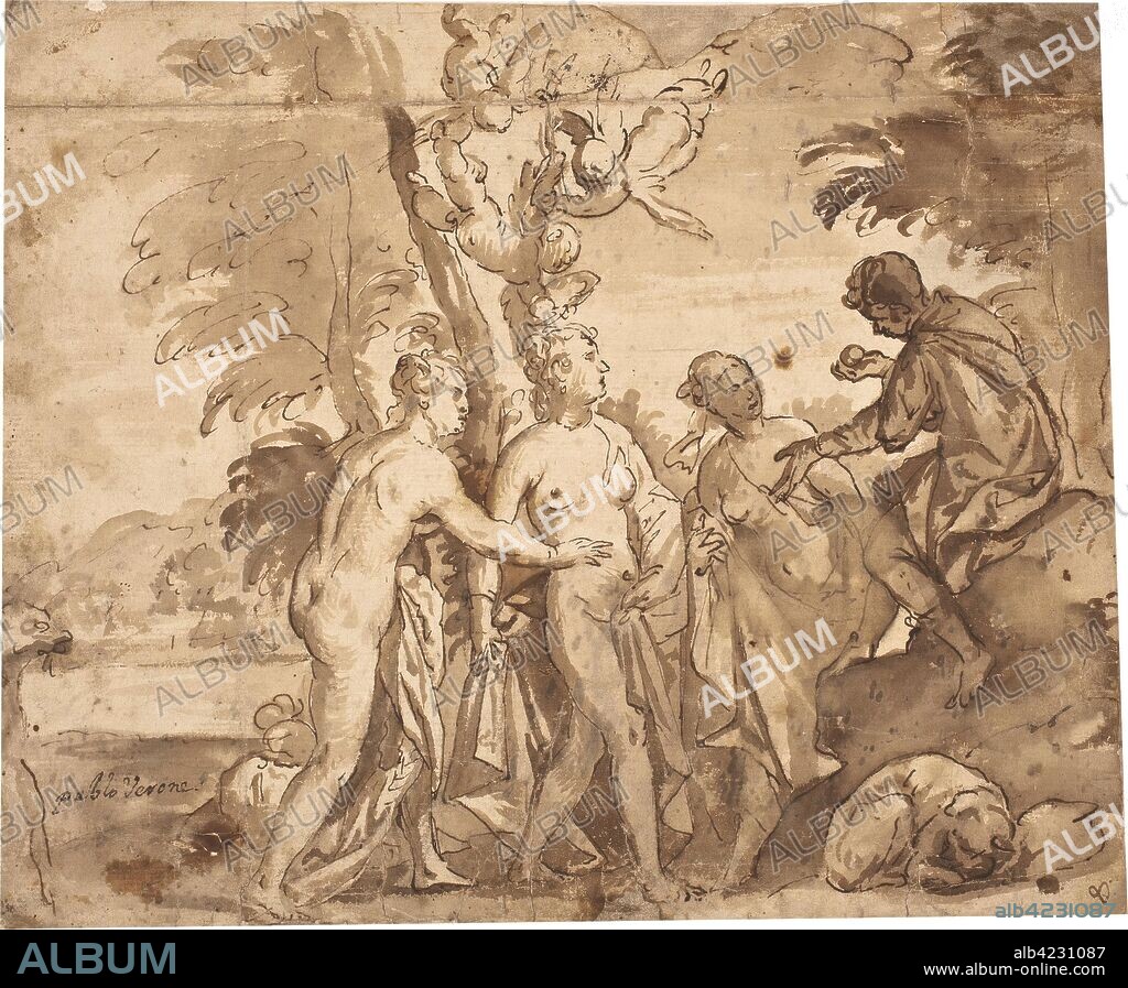 Luca Giordano (Copia Veronés, Paolo) / 'El juicio de Paris / Piernas y torso de un desnudo masculino'. Segunda mitad del siglo XVII. Aguada, Pluma, Preparado a lápiz, Sanguina, Tinta parda sobre papel amarillento, 241 x 294 mm.