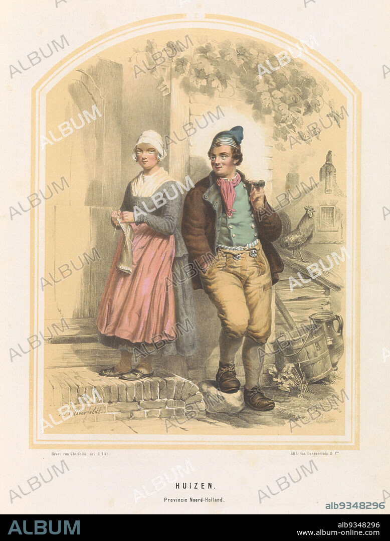 Costume of Huizen in North Holland, 1857, Huizen. Province of North Holland, I (title on object), Costume of the place Huizen in North Holland. Man and woman at the door of a house. Illustration in an 1857 book with 56 plates of Dutch costumes., print maker: Jan Braet von Uberfeldt (mentioned on object), printer: Desguerrois & Co. (mentioned on object), print maker: Netherlands, printer: Netherlands, publisher: Amsterdam, 1857, paper, height 523 mm × width 350 mm.