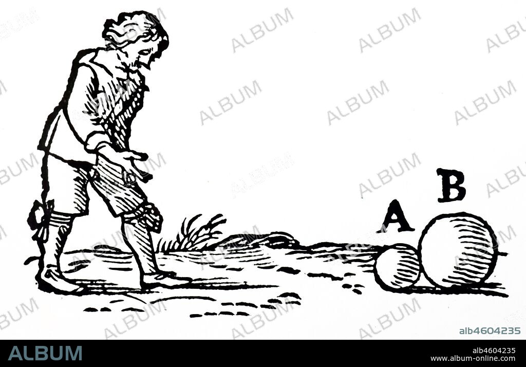 A woodcut engraving depicting Descartes' experiment demonstrating the principle of inertia - the action of one body on another. Dated 17th century.