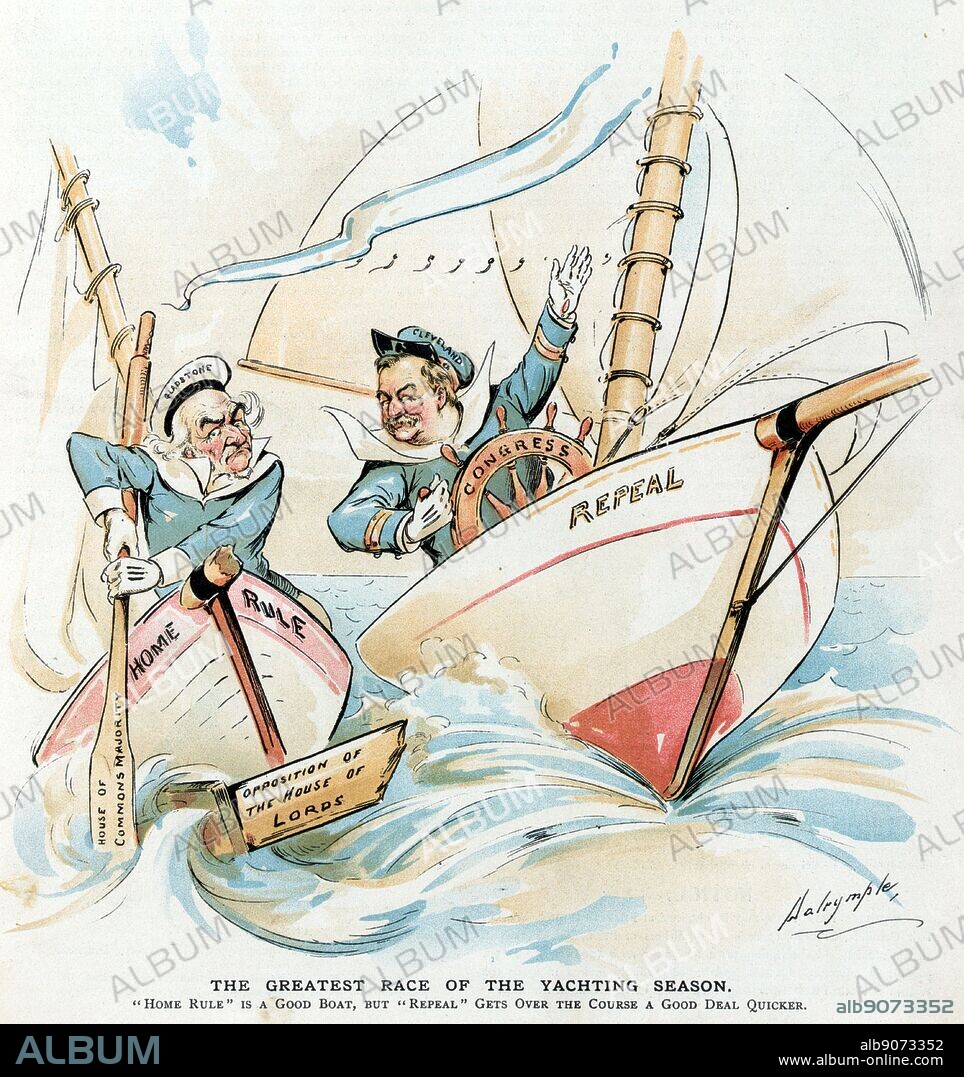 The greatest race of the yachting season by Louis Dalrymple, 1866-1905, artist, 1893. President Cleveland at the helm labelled 'Congress' of a yacht labelled 'Repeal' in a race against British Prime Minister William E. Gladstone who is holding an oar labelled 'House of Commons Majority' and piloting a boat labelled 'Home Rule', which has a broken spar and is bumping up against debris labelled 'Opposition of the House of Lords' floating in the water.