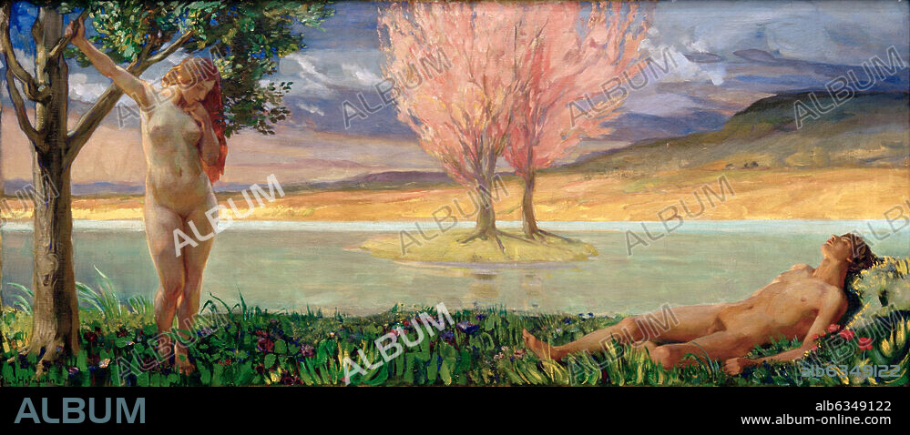 LUDWIG VON HOFMANN. Hofmann, Ludwig von 1861-1945. "Adam und Eva in paradiesischer Landschaft", 1893/97. Öl auf Leinwand, 91,5 × 209,5 cm. Inv. Nr. 876. Leipzig, Museum der Bildenden Künste.