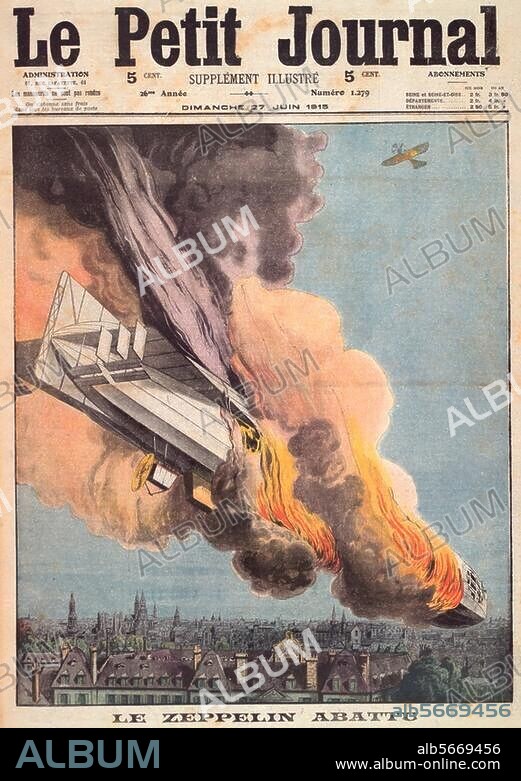 Geschichte / 1. Weltkrieg / Luftkrieg:. "Le Zeppelin abattu" (Abschuß eines deutschen Aufklärungsluftschiffs über Gent durch ein britisches Flugzeug). Farbdruck. Aus: Le Petit Journal, Supplément illustré, 26. Jg., Paris, 27. Juni. 1915. Berlin, Sammlung Archiv für Kunst und Geschichte.
