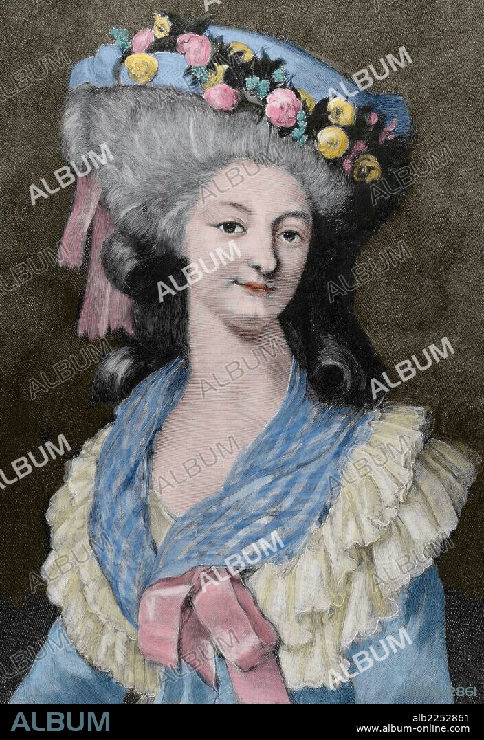 María Teresa Luisa de Saboya, princesa de Lamballe, (1749-1792) Aristócrata francesa, perteneciente a la Casa de Saboya por nacimiento, y a la Casa de Borbón por matrimonio. Princesa de Lamballe, Saboya y Carignano, ostentó desde la cuna el tratamiento de Su Alteza Serenísima. Amiga personal de la reina María Antonieta. Muerta durante las matanzas de septiembre del 1792. Grabado por CH. Baude. "La Ilustración Española y Americana", 1889. Coloreado.