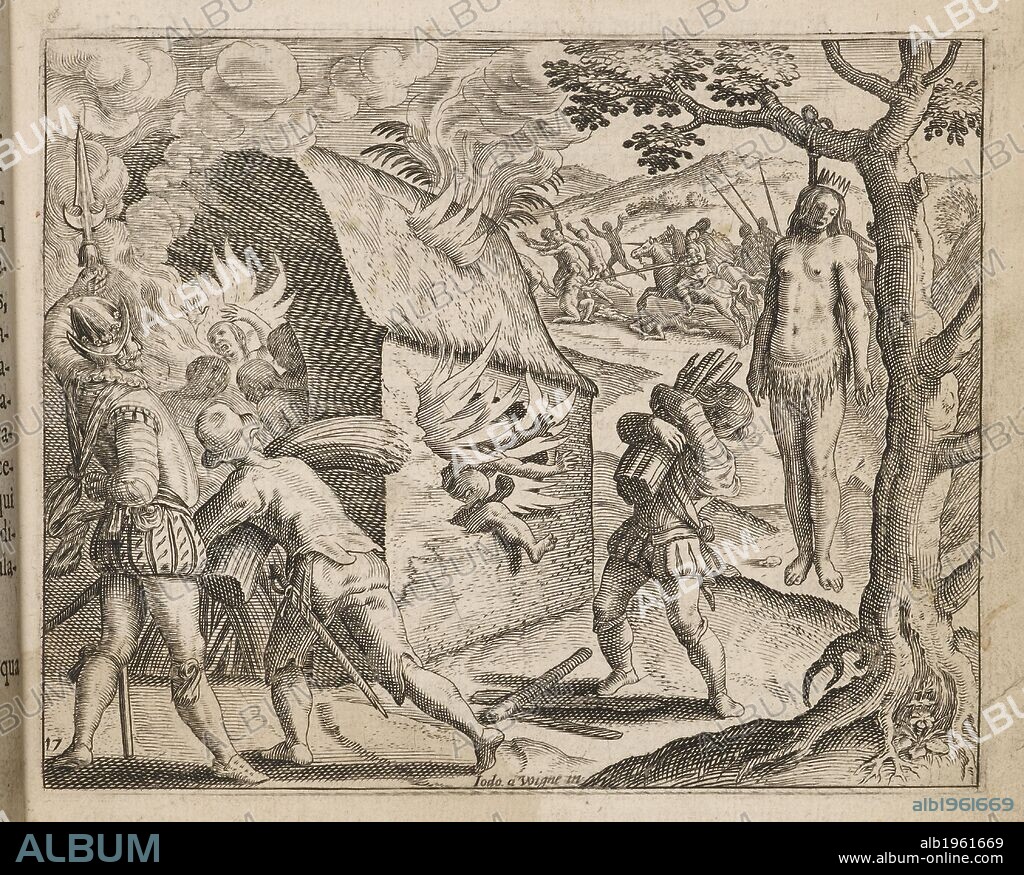 Spanish conquistadors burn a home, hang a naked woman and slaughter native peoples. Illustration from the History of the Spanish conquest of South America.  1551. Narratio regionum indicarum per Hispanos quosdam deuastatarum verissima: priuÌ€s quidem ... hispaniceÌ€ conscripta, & anno 1551. Francofurti : Sumptibus T. de Bry, & I. Saurii typis, 1598. Source: 980.e.25 17. Language: Latin.