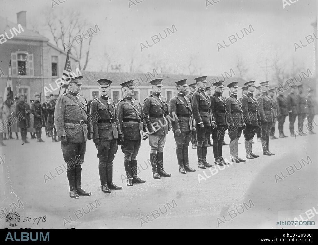 BAIN NEWS SERVICE. Decorated American generals, 14 Jan 1919. American Expeditionary Force generals in France, photographed immediately after they had been named by Marshal Petain as commanders in the French Legion of Honor at the American general headquarters, Chaumont. Left to right: Lieutenant Gen. Hunter Liggett, Lieutenant General Robert L. Bullard, Major General James McAndrew, Major General James G. Harbord, Major General Charles F. Summerall, Major General John H. Hines, Major General Edward H. Lewis, Brigadier General Michael J. Lenihan, Brigadier General William Mitchell, Brigadier General Frank Parker.