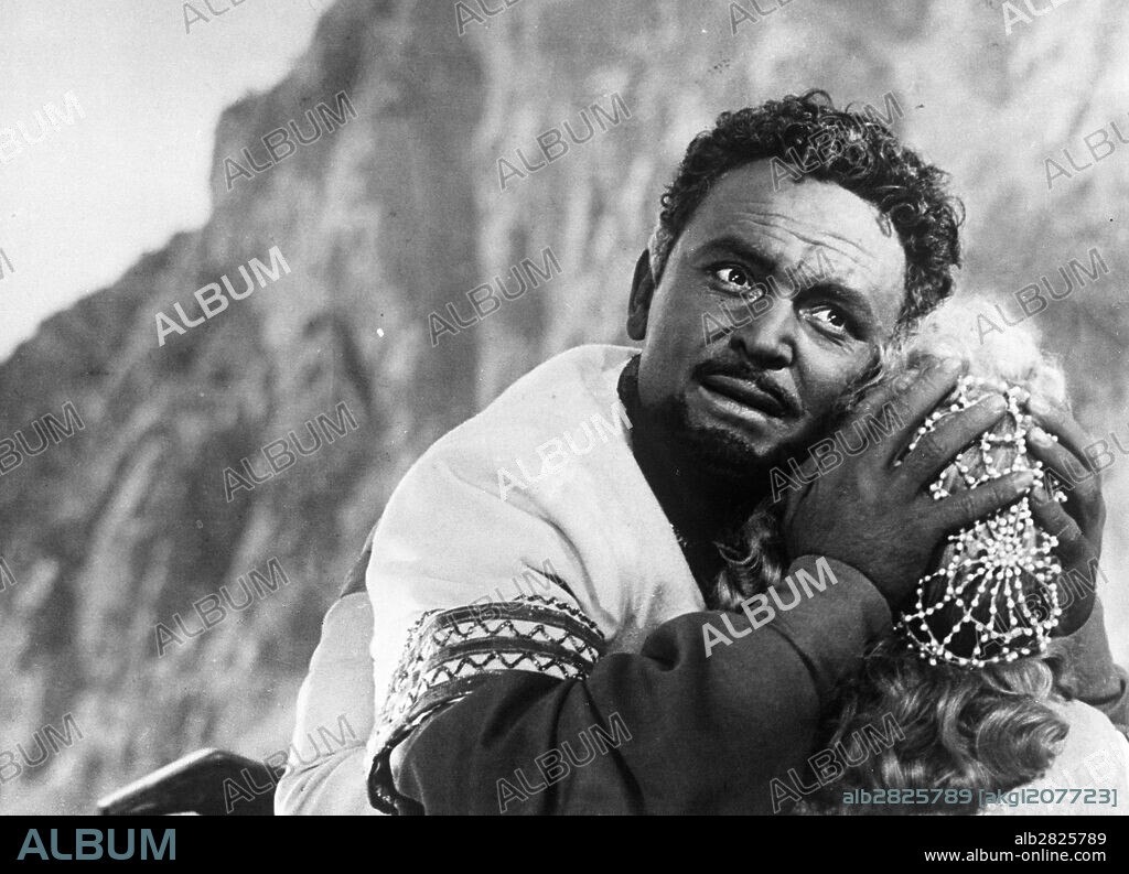 A still from the feature 'Othello'. Actor Sergei Bondarchuk as Othello, actress Irina Skobtseva as Dezdemona. A reproduction.