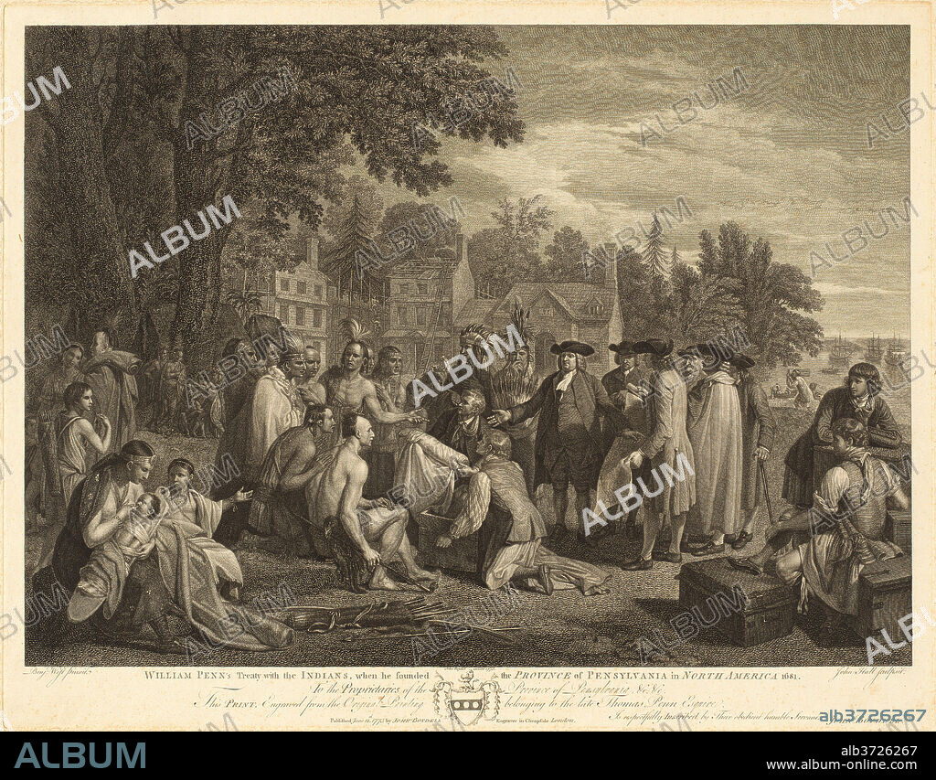 JOHN HALL AFTER BENJAMIN WEST. William Penn's Treaty with the Indians. Dated: 1775. Dimensions: image: 42.55 × 58.74 cm (16 3/4 × 23 1/8 in.)  sheet: 48.9 × 62.39 cm (19 1/4 × 24 9/16 in.). Medium: engraving.
