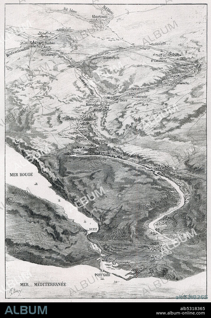 Egipto. Mapa del río Nilo desde su desembocadura hasta Khartum. Grabado de 1884.