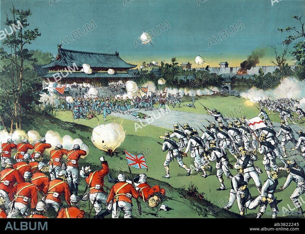 Entitled: "The fall of the Pekin castle, the hostile army being beaten away from the imperial castle by the allied armies." Shows the allied armies advancing toward the Boxer forces outside the imperial castle in Beijing, China. In June 1900, Boxer forces and Imperial Chinese troops besieged foreign diplomats, citizens and soldiers within the legations of Austria-Hungary, Belgium, Britain, France, Italy, Germany, Japan, Netherlands, Russia, Spain and the United States within the city of Peking. The Battle of Peking, or the Relief of Peking, was the battle on August 14-15, 1900, in which a multi-national force, led by Britain, relieved the siege of foreign legations in Peking during the Boxer Rebellion. The Boxer Rebellion was lead by a Chinese secret organization called the Society of the Righteous and Harmonious Fists against the spread of Western and Japanese influence there. Chromolithograph, artist Torajiro Kasai, September 1900.