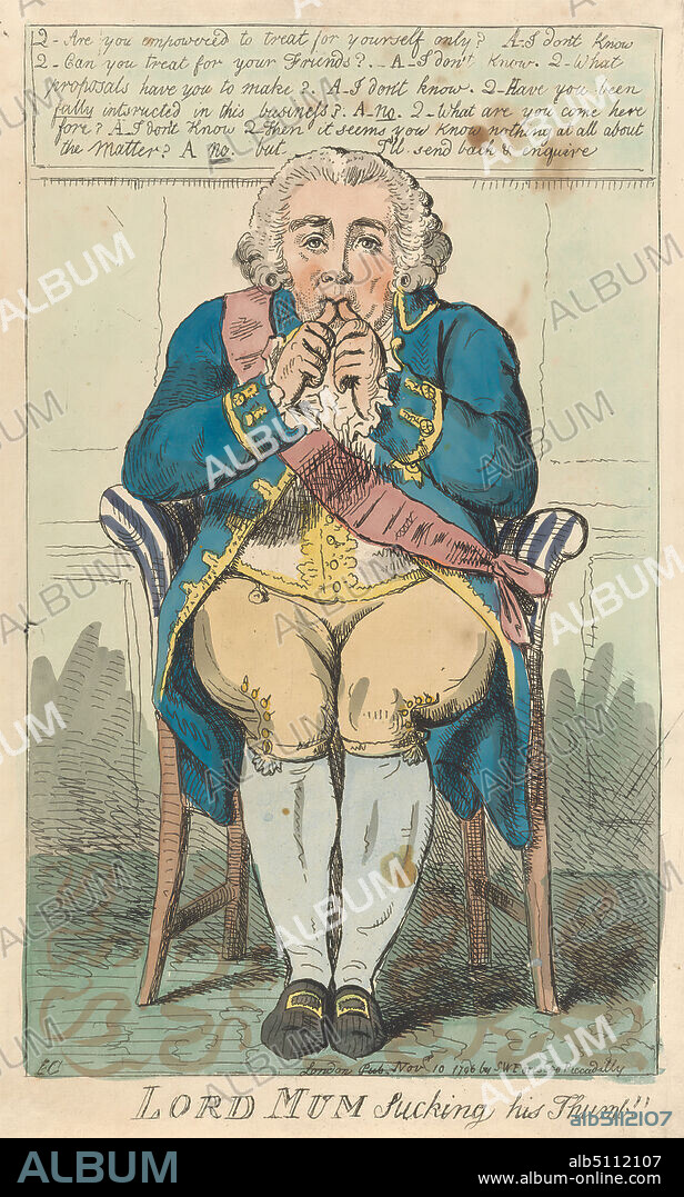 Lord Mum Sucking His Thumb, Isaac Cruikshank, 17561810, British, 1796, Etching, hand-colored, Sheet: 12 1/2 x 7 1/2in. (31.8 x 19.1cm).