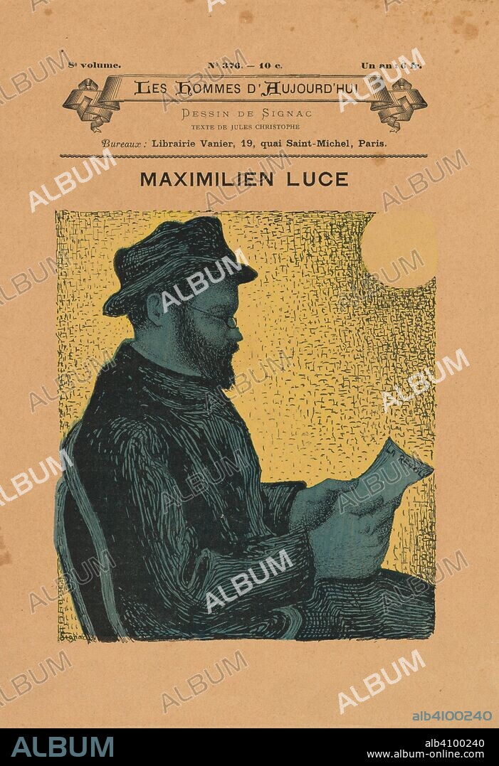 JULES CHRISTOPHE. Maximilien Luce, from the journal Les Hommes d'aujourd'hui (July 1890). Dimensions: 28.8 cm x 20 cm, 40 cm x 22.8 cm. Photomechanical reproduction in black, stenciled with watercolour, and letterpress printing in black on wove paper.