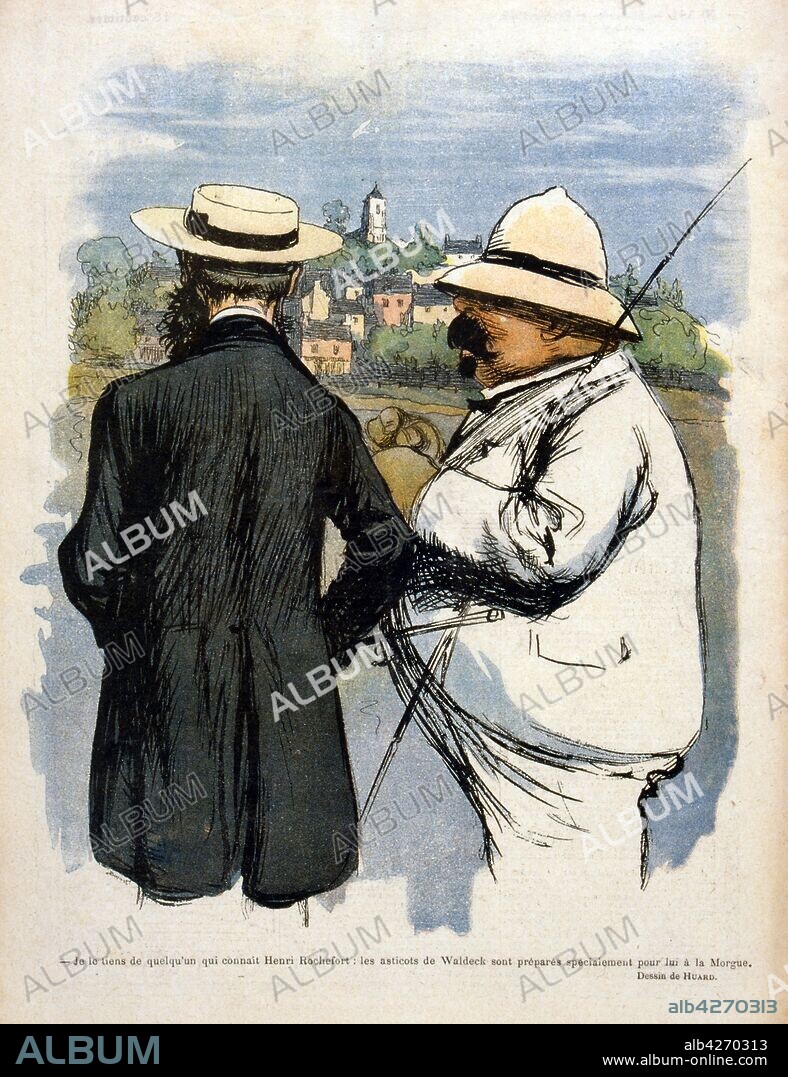 Caricature illustration depicting Victor Henri Rochefort (left) and Pierre Marie Rene Waldeck-Rousseau (Right). Protagonists in the Dreyfus affair. Waldeck-Rousseau was the initiator of Alfred Dreyfus's 1899 pardon and Rochefort was an opponent of Dreyfus. 'Le Rire' magazine 1902.