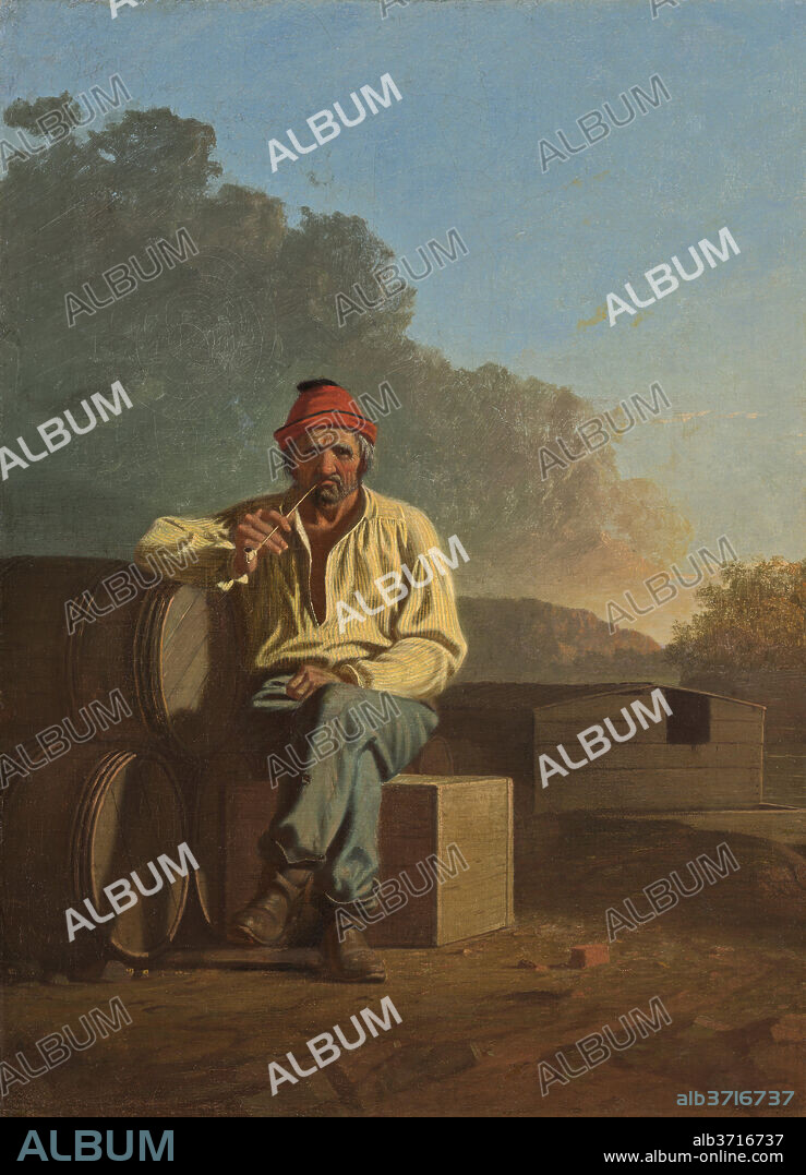 GEORGE CALEB BINGHAM. Mississippi Boatman. Dated: 1850. Dimensions: overall: 61.3 x 43.7 cm (24 1/8 x 17 3/16 in.)  framed: 78.11 × 60.33 × 8.89 cm (30 3/4 × 23 3/4 × 3 1/2 in.). Medium: oil on canvas.