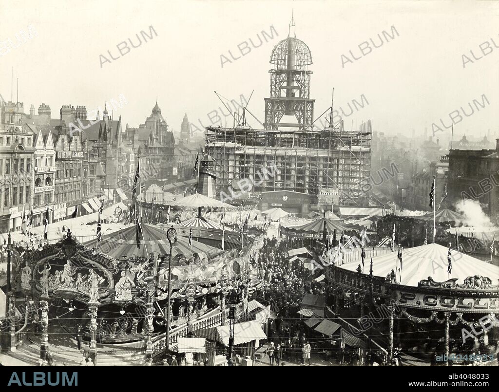 Goose Fair, Market Place, Nottingham, Nottinghamshire, 1927. East aspect, looking towards The Council House, under construction, from Beastmarket Hill. This was the last Goose Fair to be held on the Market Place. The Goose Fair was originally held in Nottingham's Market Place for 8 days of October, reduced to five days in 1876. The name possibly comes from the hundreds of geese which were at one time driven from Lincolnshire and Norfolk to be sold in Nottingham. Goose Fair was first mentioned in the Nottingham Borough Records of 1541, though it was probably in existence much earlier than this. It gradually became so large that it spread to other streets in the vicinity and, with the growth of traffic, there were complaints about congestion and disruption in the city. The Fair was eventually moved to Forest Recreation Ground, about a mile north of the Old Market Square.