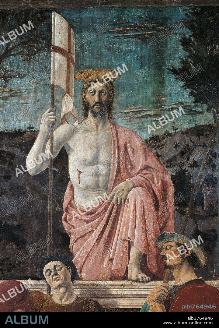 The Resurrection of Christ, by Pietro di Benedetto dei Franceschi known as Piero della Francesca, 1450-1463 about, 15th Century, tempera and fresco painting, cm 225 x 200. Italy, Tuscany, Arezzo, Sansepolcro, Palazzo del Comune, today Civic Museum. Detail. Christ the Saviour Resurrection Jesus Christ sleeping asleep soldiers banner standard hills.