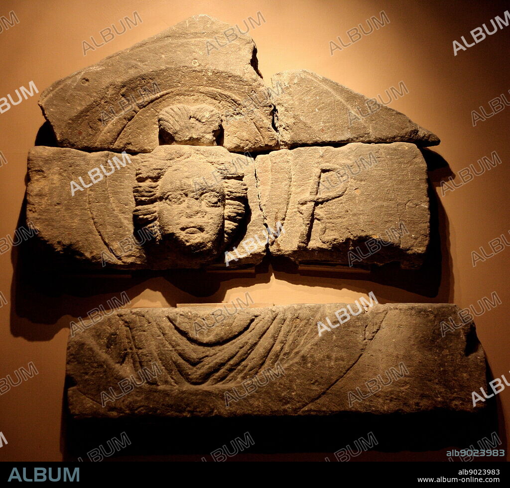 Carvings of Luna and Sol taken from pediments that were found in the temple courtyard in aquae Sulis, in the Roman city of Bath, England. They are the Moon Goddess and the Sun God, respectively, and would have originally faced each other in the layout of the courtyard. Circa 1st-3rd century AD.