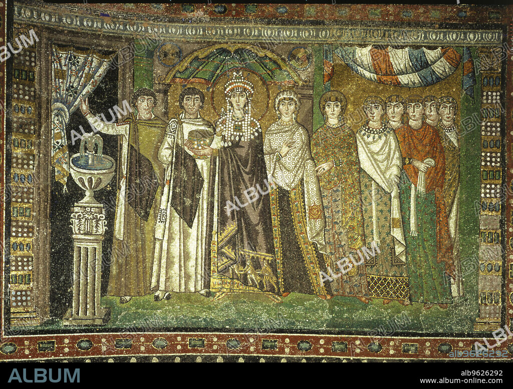 Theodora and her court', Mosaic Church of San Vitale in Ravenna.