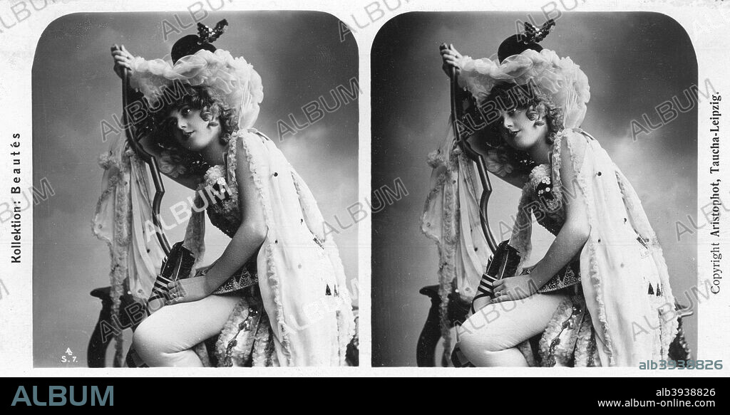 Portrait of a costumed woman, early 20th century. Stereoscopic slide.