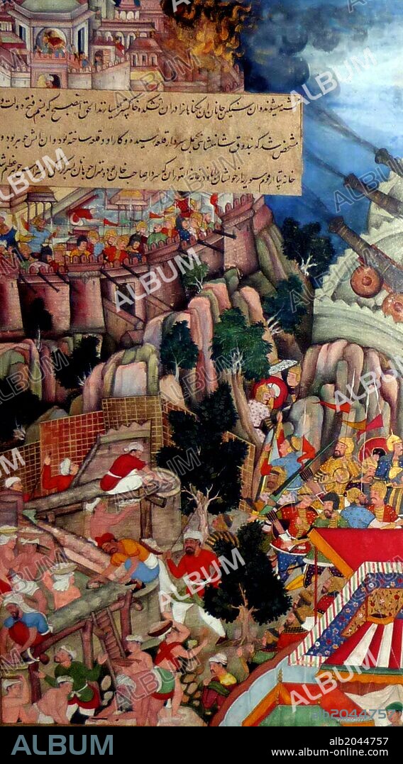 The Siege of Chitor (left side) from the Akbarnama (Book of Akbar). Composition by Miskina, painting by Bhura, opaque watercolour and gold on paper, Mughal, c1590-5.