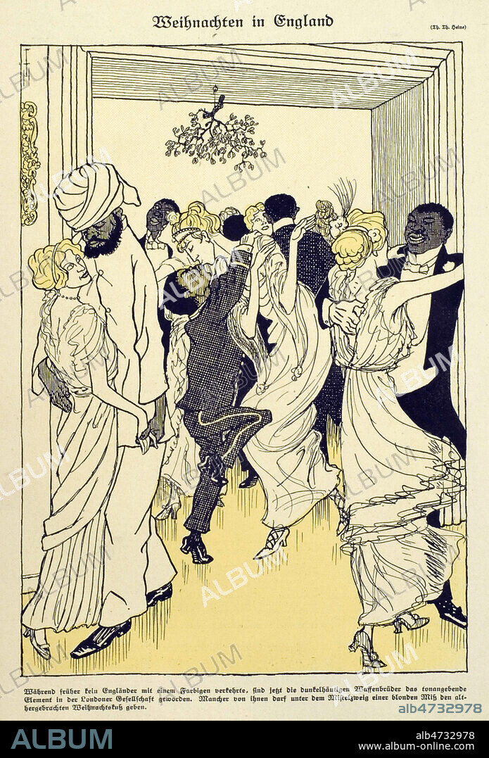'Noel en Angleterre'. Caricature raciste, les hommes blancs anglais etant sur le front de la 1ere guerre, les domestiques et colonises de couleur en profitent pour embrasser les femmes britanniques sous le gui. Illustration par Thomas Theodor HEINE (1867-1948) pour Simplicissimus du 22 decembre 1914. Credit : Coll. Dixmier/KHARBINE-TAPABOR.