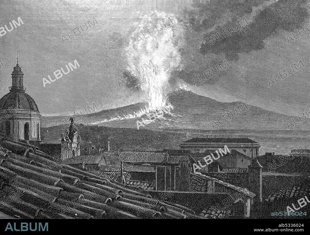 The eruption of the volcano Etna in Sicily, Italy, in 1892  /  Der Ausbruch des Vulkan Ätna auf Sizilien, Italien, im Jahre 1892, Historisch, historical, digital improved reproduction of an original from the 19th century / digitale Reproduktion einer Originalvorlage aus dem 19. Jahrhundert.
