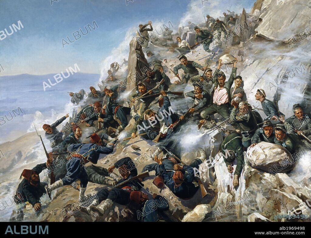 Battle of Shipka, Bulgarian volunteers using rocks to keep the Turks at bay, 1877-1878. Russo-Turkish War, Bulgaria, 19th century.