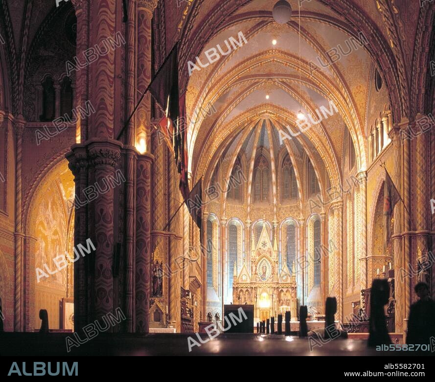 Budapest (Hungary), Matthias Church - Matyas templom (built 1255-69; south tower rebuilt 1470; restored 1873-1896 by Frigyes Schulek). Interior. Photo, undated.