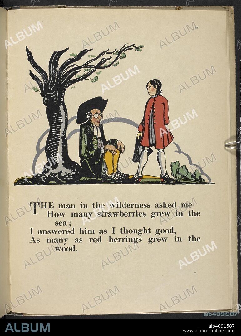 CLAUD LOVAT FRASER. 'The man in the wilderness asked me how many strawberries grew in the sea ...'. Nursery Rhymes, with pictures by C. L. Fraser. London : T. C. & E. C. Jack, [1919]. Source: 12800.ddd.31 page 41.