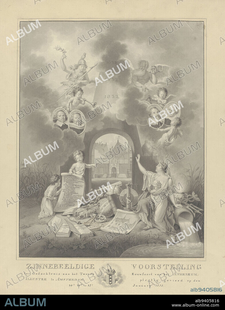 Allegory of the second centenary of the Athenaeum Illustre at Amsterdam, 1832, Dirk Sluyter, 1832, Allegory of the second centenary (1632-1832) of the Athenaeum Illustre at Amsterdam, celebrated January 10-12, 1832. Needle with opening through which a view of the gate to the Agnietenkapel on the Oudezijds Voorburgwal in Amsterdam where Athenaeum Illustre is located. On the right the city maid of Amsterdam, on the left two geniuses with a list of the names of the curators and professors. On the ground books and scientific instruments. In the clouds Minerva and Father Time with medallions with portraits of Caspar van Baerle, H.G. van de Poll, Vossius, P.C. Hooft and Joost van den Vondel., draughtsman: Dirk Sluyter, (mentioned on object), Dirk Sluyter, (mentioned on object), Amsterdam, 1832, paper, pen, brush, h 463 mm × w 362 mm, h 602 mm × w 468 mm.
