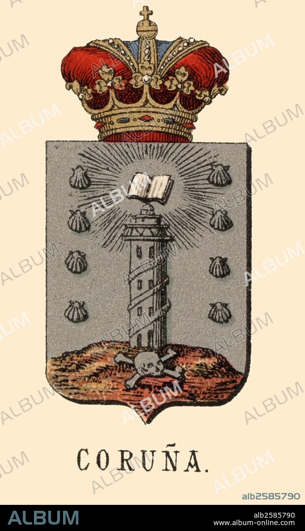 España. Heráldica. Escudo de armas de la provincia de Coruña. Grabado de 1878.