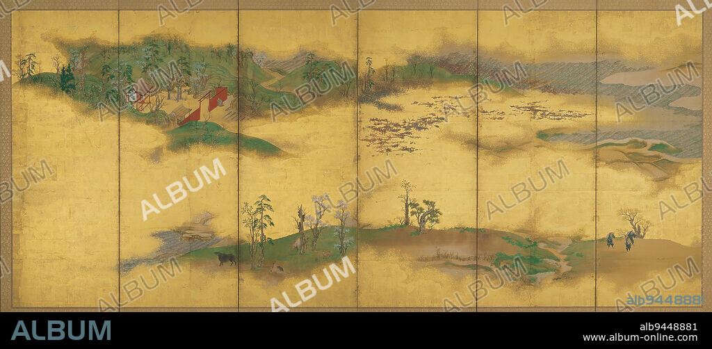 Scenes from the Tales of Saigy left of a pair, 17th century, Unknown Japanese, 60 × 139 in. (152.4 × 353.06 cm)60 × 21 1/2 in. (152.4 × 54.61 cm) (image)65 1/2 × 146 × 3/4 in. (166.37 × 370.84 × 1.91 cm) (outer frame), Ink, color, gold, and silver on gilded paper, Japan, 17th century, The Tales of Saigy narrate the life of the eponymous samurai poet who gave up his title to become an itinerant monk. The story of Saigys lifelong travels was first illustrated in the thirteenth century in a set of four painted handscrolls, and the scenes depicted here are based on those originals. The right screen depicts Saigys first New Year after he took the tonsure. He appears alone in the leftmost panel, admiring the blossoms of a nearby plum tree. In the upper left of the left screen, Saigy kneels before the wall of a shrine. On a journey through the rugged Kii Peninsula, Saigy became so inspired by the cherry blossoms that he composed a poem and brushed it on the wall of a shrine. At lower right of the same screen, Saigy parts ways with two monks he met on his journey.