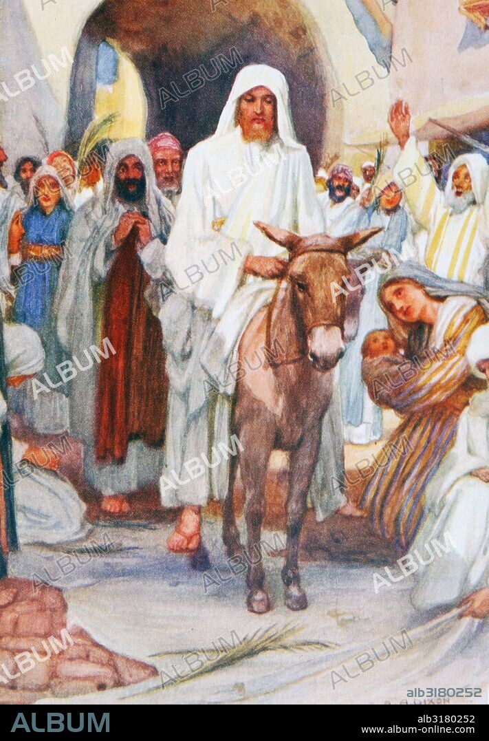 The entry of Jesus into Jerusalem, on a donkey. illustration by Arthur A. Dixon 1872-1959. From the Precious Gift: Bible Stories for Children by T W Wilson (1910).