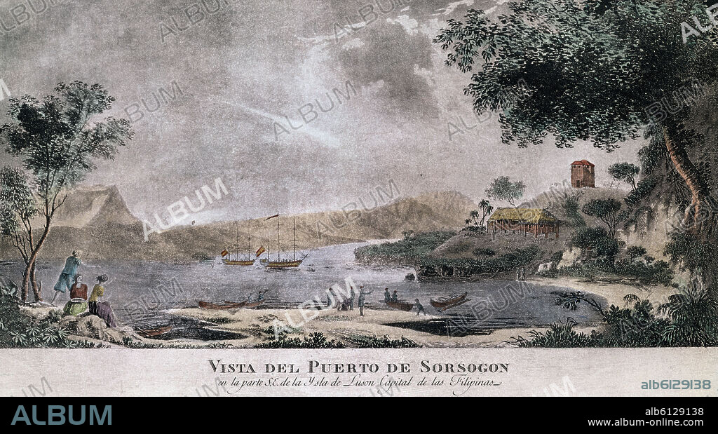 FERNANDO BRAMBILA. VISTA DEL PUERTO DE SORSOGON EN LA ISLA DE LUZON CAPITAL DE LAS FILIPINAS - GRABADO SIGLO XVIII.