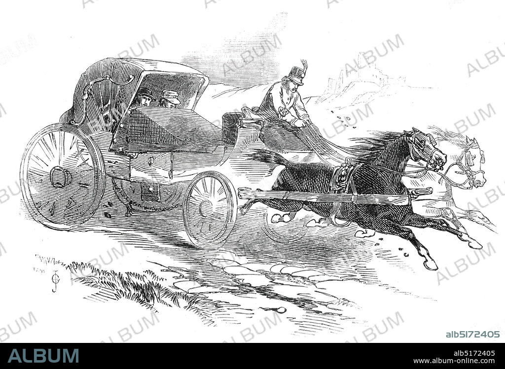 Lieutenant Waghorn's Travelling Carriage, 1845. British naval officer Thomas Fletcher Waghorn pioneered a new route from Great Britain to India overland through Egypt before the construction of the Suez Canal in the 1860s. Waghorn claimed his route reduced the journey from over 11,000 miles (18,000 km) to 6,000 miles (9,700 km), taking between 35 and 45 days. At the time, steamships carrying mail took about three months to sail via the Cape of Good Hope. Waghorn's route consisted of a combination of steamship and horses. From Suez, '...the Express passed on to Cairo, carried by Couriers on horseback, 84 miles across the Desert'. From "Illustrated London News", 1845, Vol VII.