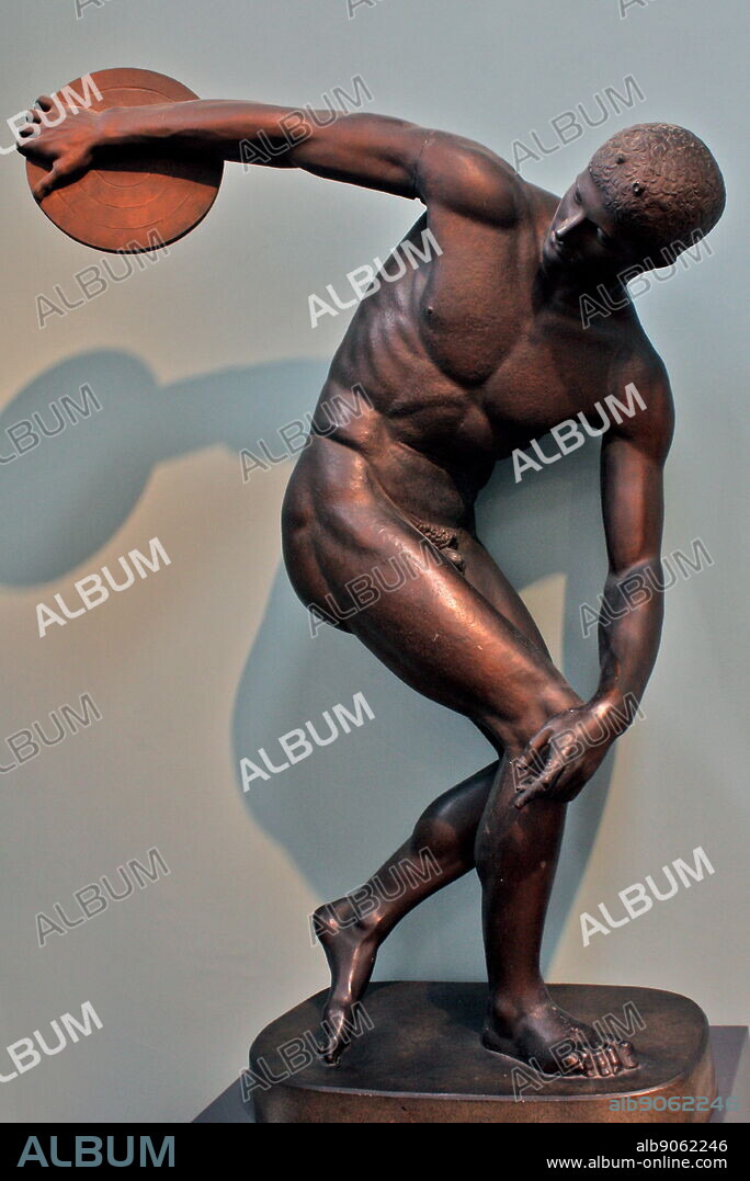 Diskobolos (discus-thrower) of Myron. An athlete is coiled up in a taut,  memontary pose, about to throw the discus - one of the pentathlete's five  events. The cast combine - Album alb9062246