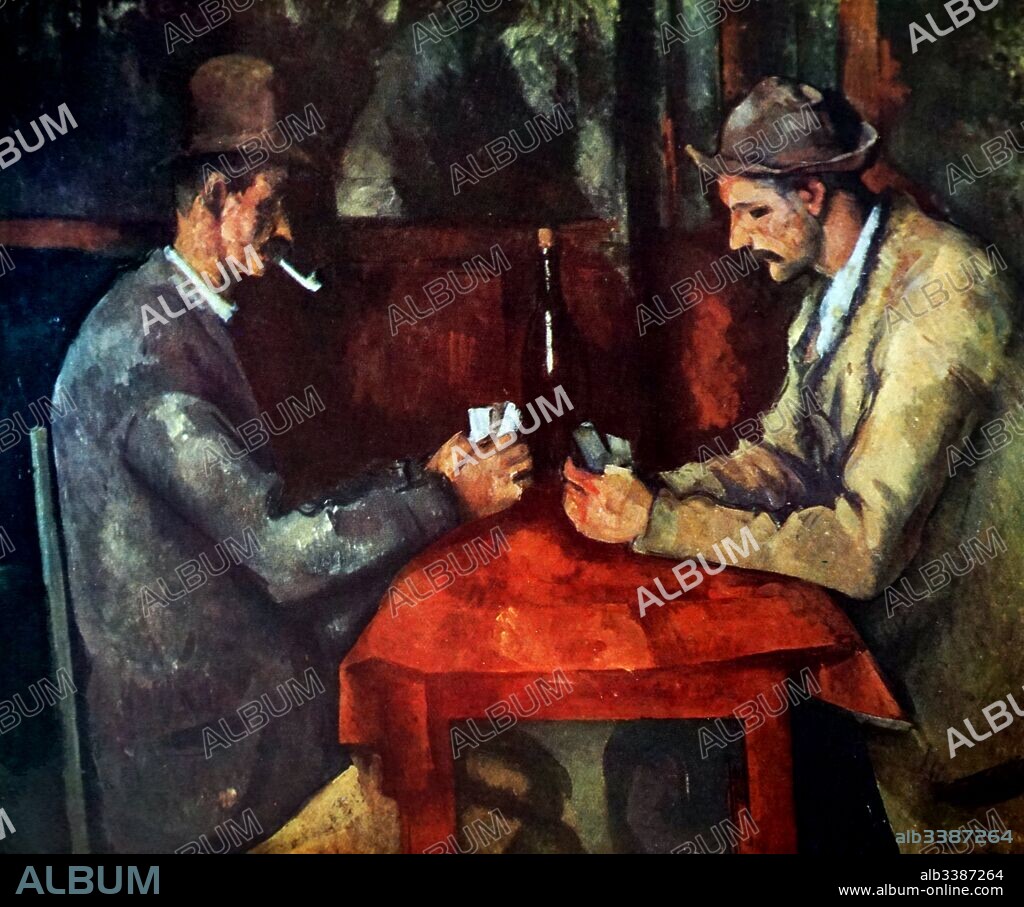 The Card Players 1890-92, by the French Post-Impressionist artist, Paul Cezanne. Painted during Cezanne's final period in the early 1890s, there are five paintings in the series. The Card Players (Louvre), depicts men playing cards in a cafe. In this version, the bottle on the table, with its gleaming white highlight, divides the composition in two, calling attention to the light and dark tonalities of the dress of the two figures.