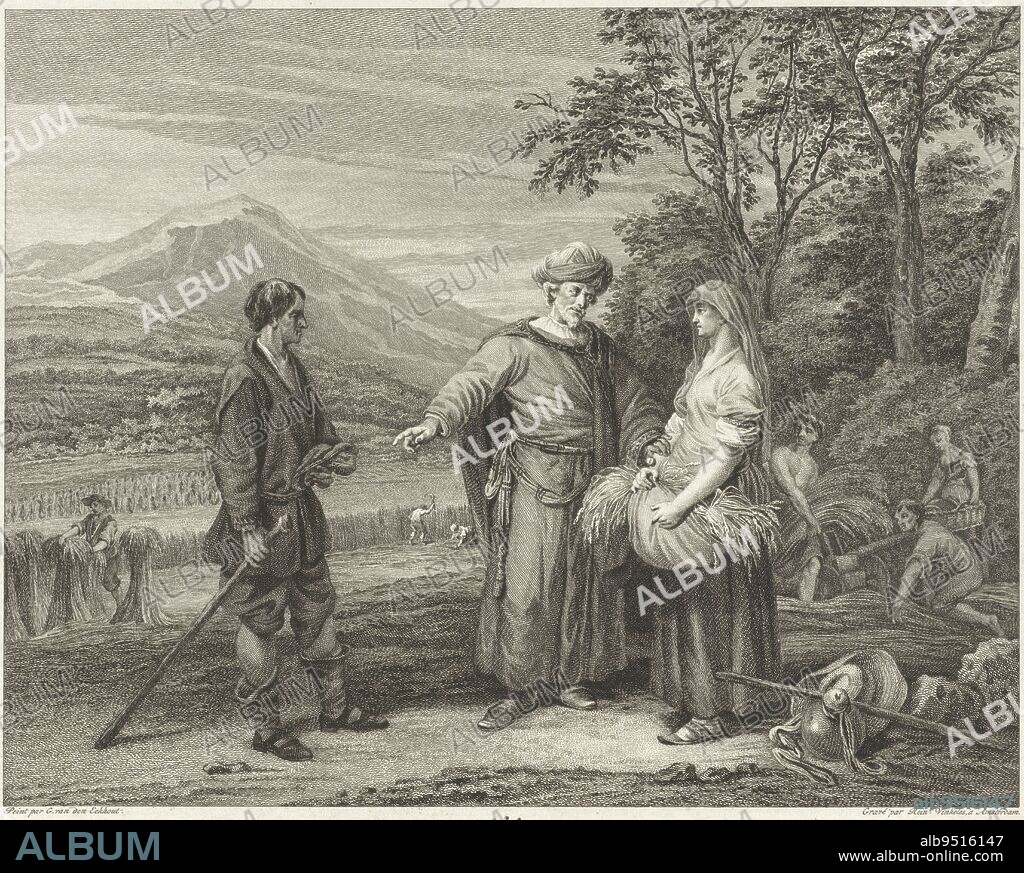 Boaz, with beard and turban, instructs his reapers to treat Ruth, holding a bundle of ears of corn, well. Scene from the Bible story Ruth: 2. Boaz and Ruth, print maker: Reinier Vinkeles (I), (mentioned on object), after: Gerbrand van den Eeckhout, (mentioned on object), Amsterdam, 1751 - 1816, paper, etching, engraving, h 203 mm × w 235 mm.