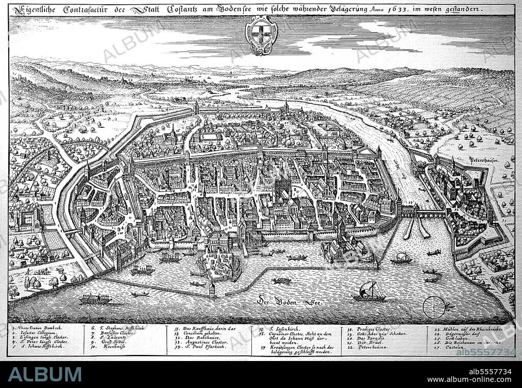 Constance on Lake Constance in the Middle Ages, City map, Baden-Württemberg, Germany, Historical, digitally restored reproduction of an original from the 18th century, exact original date unknown