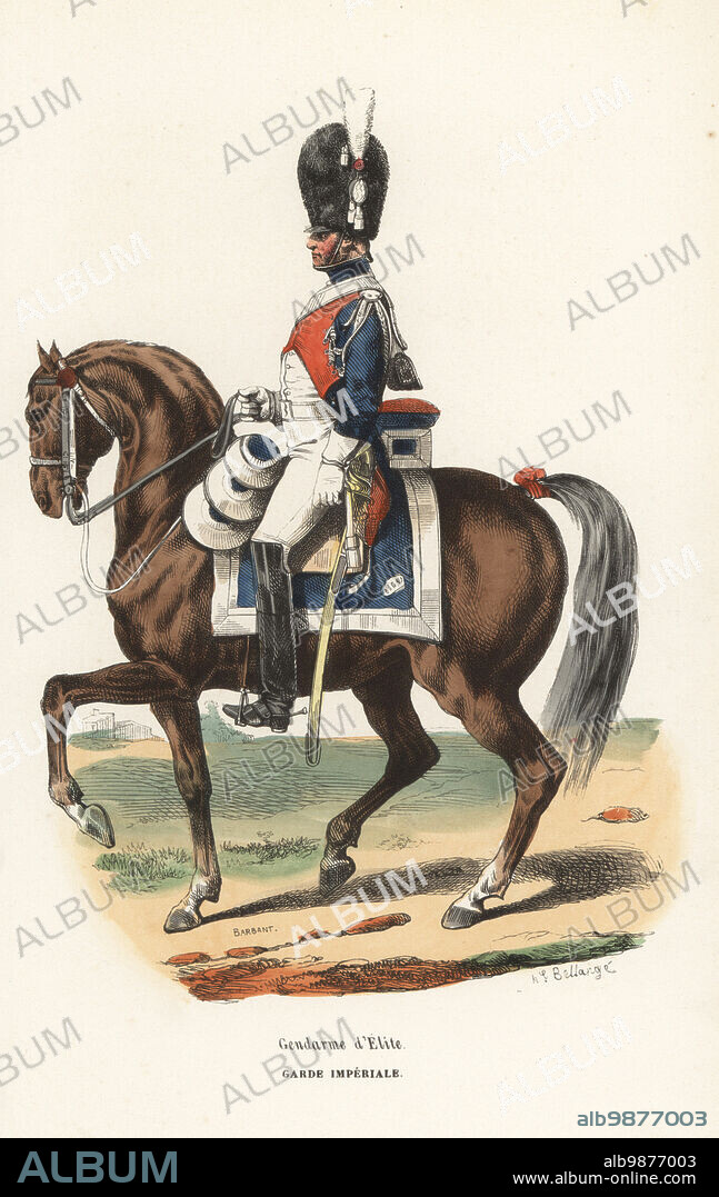 Uniform of the Elite Gendarmes, cavalry regiment in the French Imperial Guard. In bearskin cap with plume, blue coat, red lapels and cuffs, white aiguillettes and epaulettes, white trousers and black boots. Gendarme d'Elite, Garde Imperiale. Handcoloured woodcut by Nicolas Barbant after an illustration by Hippolyte Bellangé from P.M. Laurent de lArdeches Histoire de Napoleon, Paris, 1840.