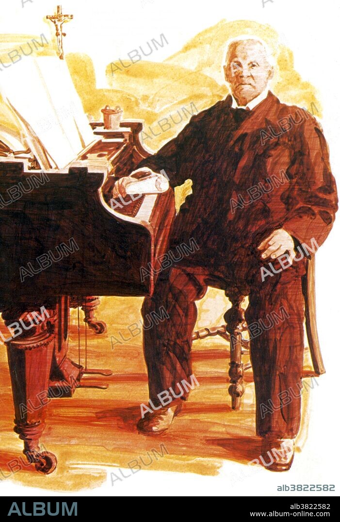 Bruckner at his piano in 1894, two years before his death. Anton Bruckner (September 4, 1824 - October 11, 1896) was an Austrian composer known for his symphonies, masses, and motets. The first are emblematic of the final stage of Austro-German Romanticism because of their harmonic language, polyphonic character, and considerable length. His compositions helped to define contemporary musical radicalism, owing to their dissonances, unprepared modulations, and roving harmonies. His works, the symphonies in particular, had detractors who pointed to their large size and use of repetition, as well as to Bruckner's propensity to revise many of his works, often with the assistance of colleagues, and his apparent indecision about which versions he preferred. Bruckner was greatly admired by subsequent composers including his friend Gustav Mahler, who described him as "half simpleton, half God". Bruckner was a devoutly religious man, and composed numerous sacred works. He died in 1896 at the age of 72. He is buried in the crypt of the monastery church at Sankt Florian, immediately below his favorite organ. He had always had a morbid fascination with death and dead bodies, and left explicit instructions regarding the embalming of his corpse.
