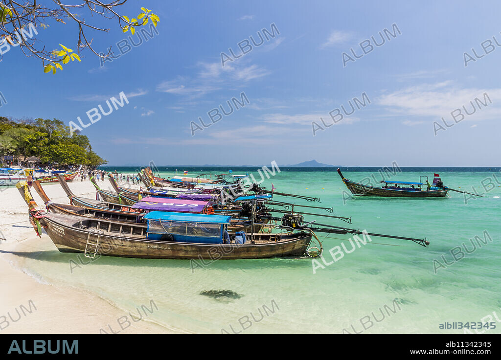 Long tail boats on Tup Island in Ao Nang, Krabi, Thailand, Southeast Asia, Asia.