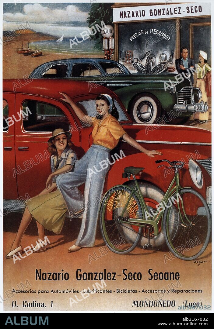 Publicidad. Accesorios y recambios para automóviles de Nazario González-Seco, de Mondoñedo; dos mujeres jóvenes apoyadas en el guardabarros de un coche, junto a una bicicleta en una estación de servicio. Años 1940.