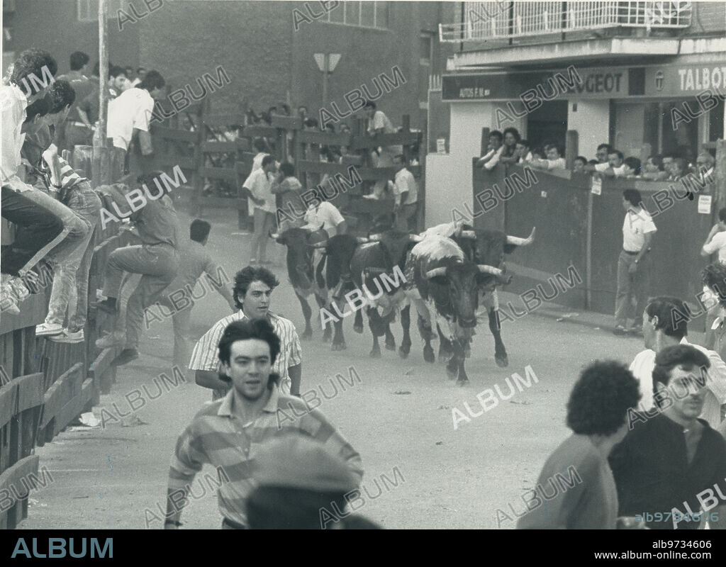 San Sebastián de los Reyes (Madrid), 08/27/1988. A moment of the running of the bulls during the San Sebastián de los Reyes festivities.