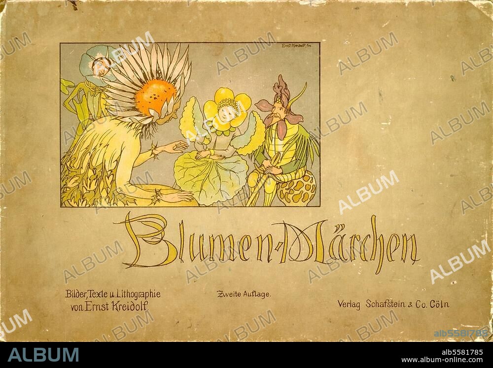 Littérature / Contes de fleurs. "Blumen-Märchen". Lithographie coul., 1898, de Ernst Kreidolf (1863-1956). Page de titre de : Blumen-Märchen (Contes de fleurs). Images, texte et lithographie de Ernst Kreidolf, 2e édit. Cologne (Schafstein & Co) 1903. Berlin, Sammlung Archiv für Kunst und Geschichte.