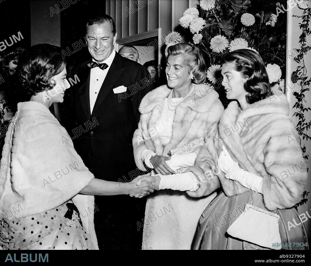 Gary Cooper, Veronica Cooper and Maria Cooper Shaking Hands With Princess Margaret, Premiere Of The Movie Cordura, Odeon Cinema, London, October 30, 1959.