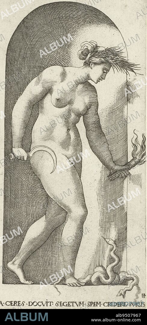 Ceres as goddess of agriculture with crown of ears of corn and sickle. The burning torch and two-headed snake refer to her role as a mother in search of her robbed daughter Proserpina. The inscription AEMA CERES DOCVIT SEGETVM SPEM CREDERE SVICIS states that faith in Ceres taught man to entrust the hope of a good harvest to the plough. Copy after print by Jacopo Giovanni Caraglio, Ceres with crown of ears of corn, sickle, burning torch and two-headed serpent Gods and Goddesses (series title)., print maker: Jacob Binck, Giovanni Jacopo Caraglio, Germany, 1530, paper, engraving, h 212 mm × w 108 mm.