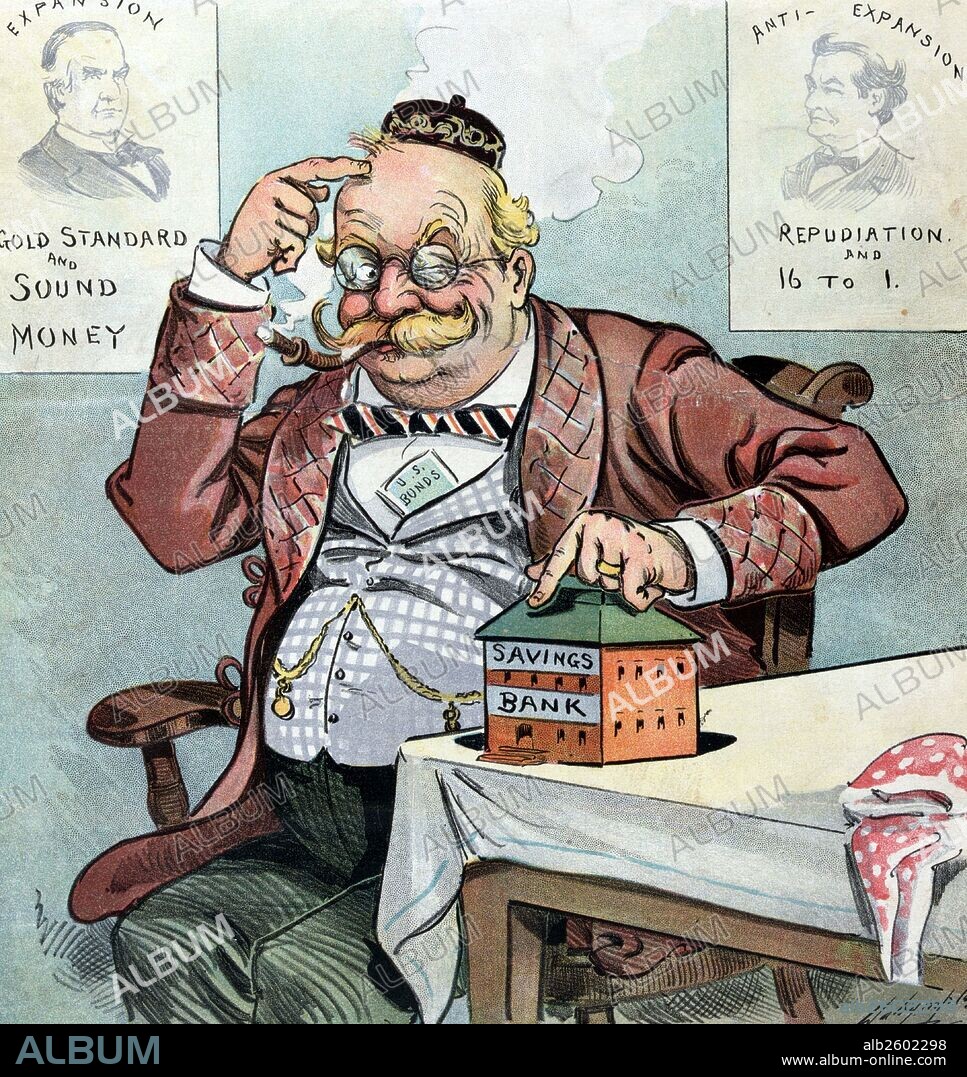 How will our German-American vote?' An elderly German American man with one hand pointing to his head and the other pointing to a coin bank labelled "Savings Bank" on a table, he winks to reinforce that he thinks his investments in the "U.S. Bonds" protruding from his vest, and his savings are wise decisions. On the left is a poster showing a bust portrait of President William McKinley labelled "Expansion" and captioned "Gold Standard and Sound Money", and on the right is a poster showing a bust portrait of William Jennings Bryan labelled "Anti-Expansion" and captioned "Repudiation and 16 to 1.".