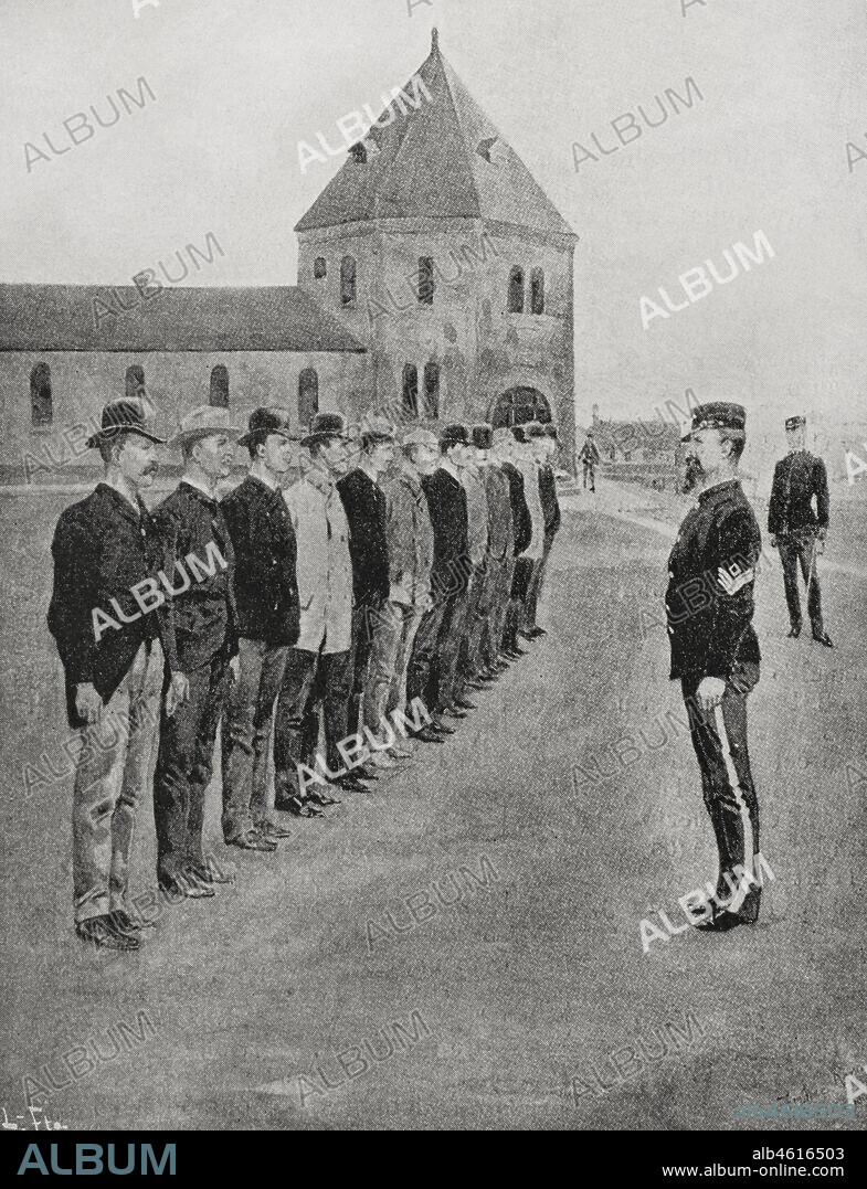 Guerra hispano-estadounidense. Conflicto bélico entre España y Estados Unidos en 1898, resultado de la intervención norteamericana en la guerra de independencia cubana. Estados Unidos. Preparativos de guerra a raiz de la voladura del "Maine". Instrucción de reclutas de artillería en el Fuerte Slocum ("Fort Slocum"), isla Davids, Long Island Sound, en la ciudad de New Rochelle (Nueva York). Fotograbado. La Ilustración Española y Americana, 1898.