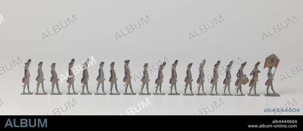 Tin soldiers in Prussian uniform from the time of Frederick the Great, Collection of tin soldiers consisting of 18 footmen, including one officer, one flag bearer, one flute player and one drummer, 8 man cavalry, including one with trumpet and one with drums: the foot broken off from the last and the arms damaged. Colors: gray (tin), blue, red, black and gold., Germany (possibly), 1700 - 1800, tin (metal), founding, h 7.1 cm.