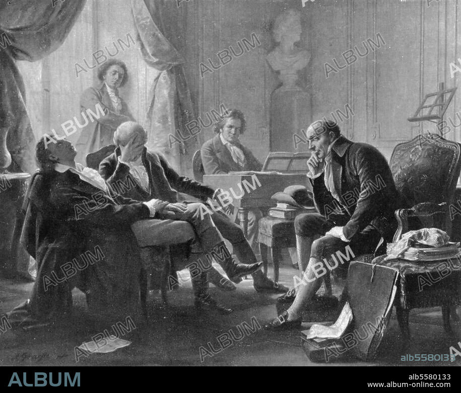 Beethoven, Ludwig van, 1770-1827, German composer. "Ludwig van Beethoven with friends listening to him playing". (Among the pictured: Abbe Stadler, Siegmund Anton Steiner, Johann Christian Friedrich Schneider and Schweitzer). Print after a painting by Albert Graefle (1807-1889).